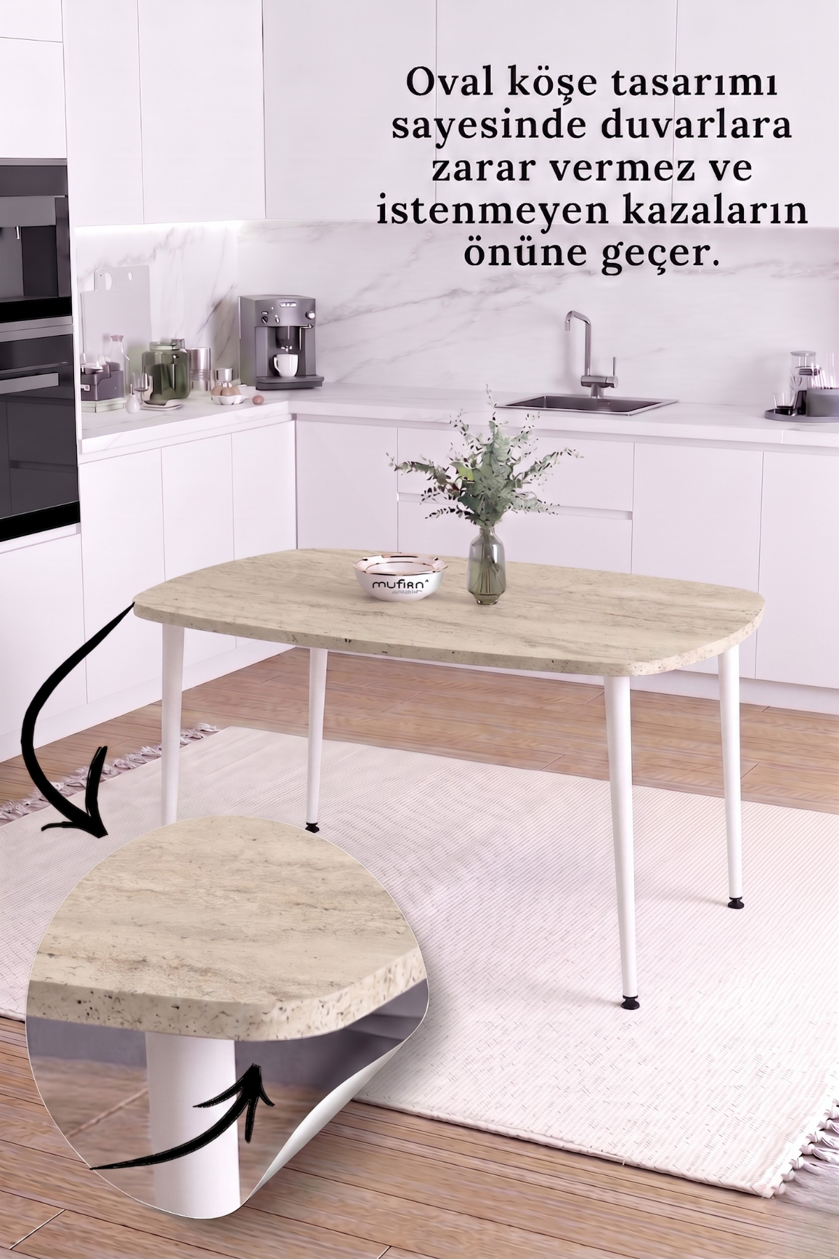 LUNA İskandinav Bohem Oval Beyaz Metal Ayaklı Traverten Desen Mutfak-Yemek-Balkon-Çalışma Masası