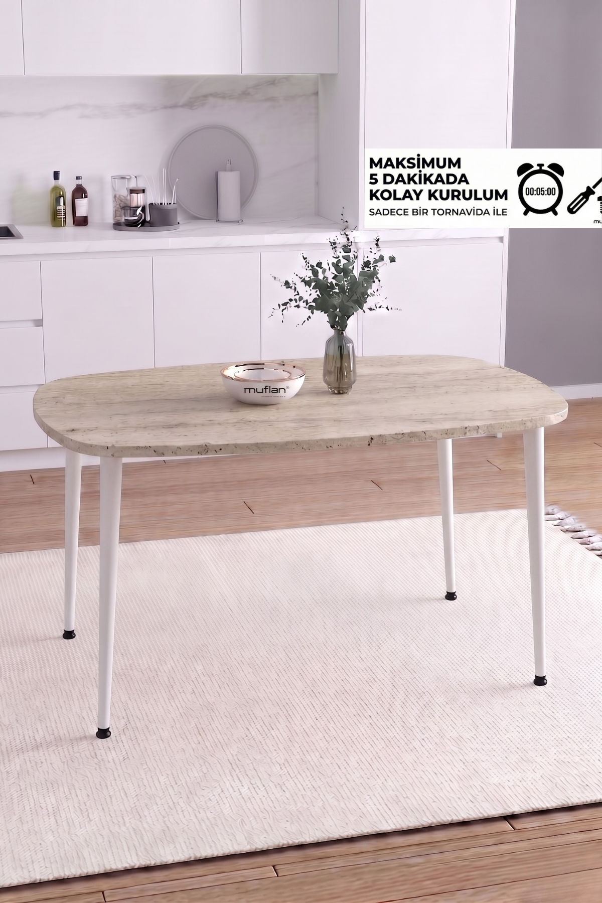 LUNA İskandinav Bohem Oval Beyaz Metal Ayaklı Traverten Desen Mutfak-Yemek-Balkon-Çalışma Masası