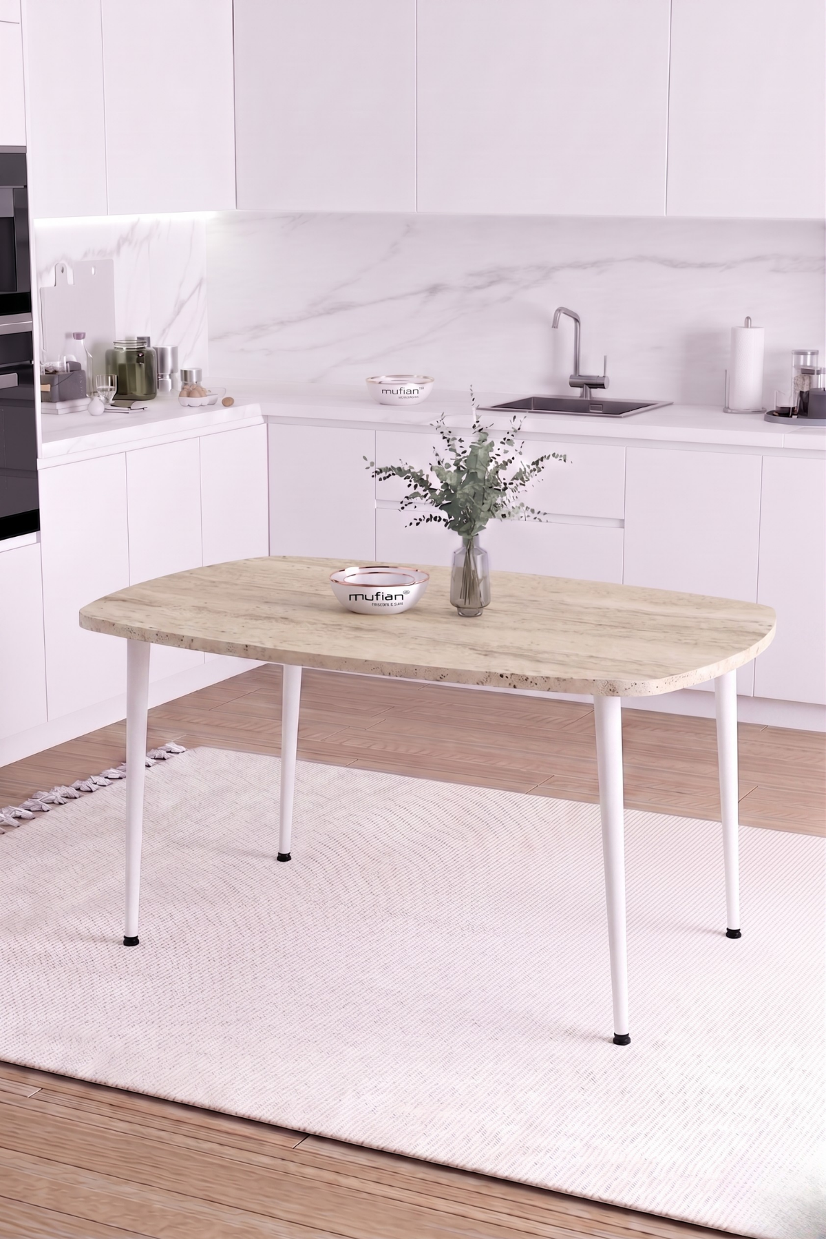 LUNA İskandinav Bohem Oval Beyaz Metal Ayaklı Traverten Desen Mutfak-Yemek-Balkon-Çalışma Masası