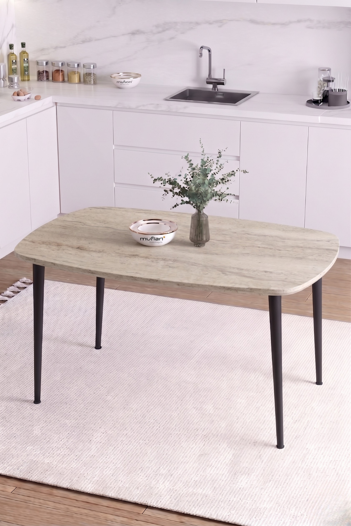 LUNA İskandinav Bohem Oval Metal Ayaklı Traverten Desen Mutfak-Yemek-Balkon-Çalışma Masası