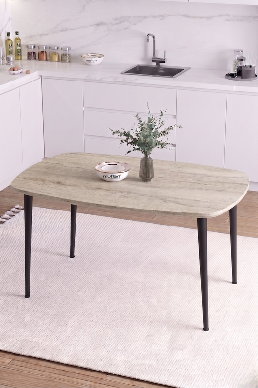 LUNA İskandinav Bohem Oval Metal Ayaklı Traverten Desen Mutfak-Yemek-Balkon-Çalışma Masası