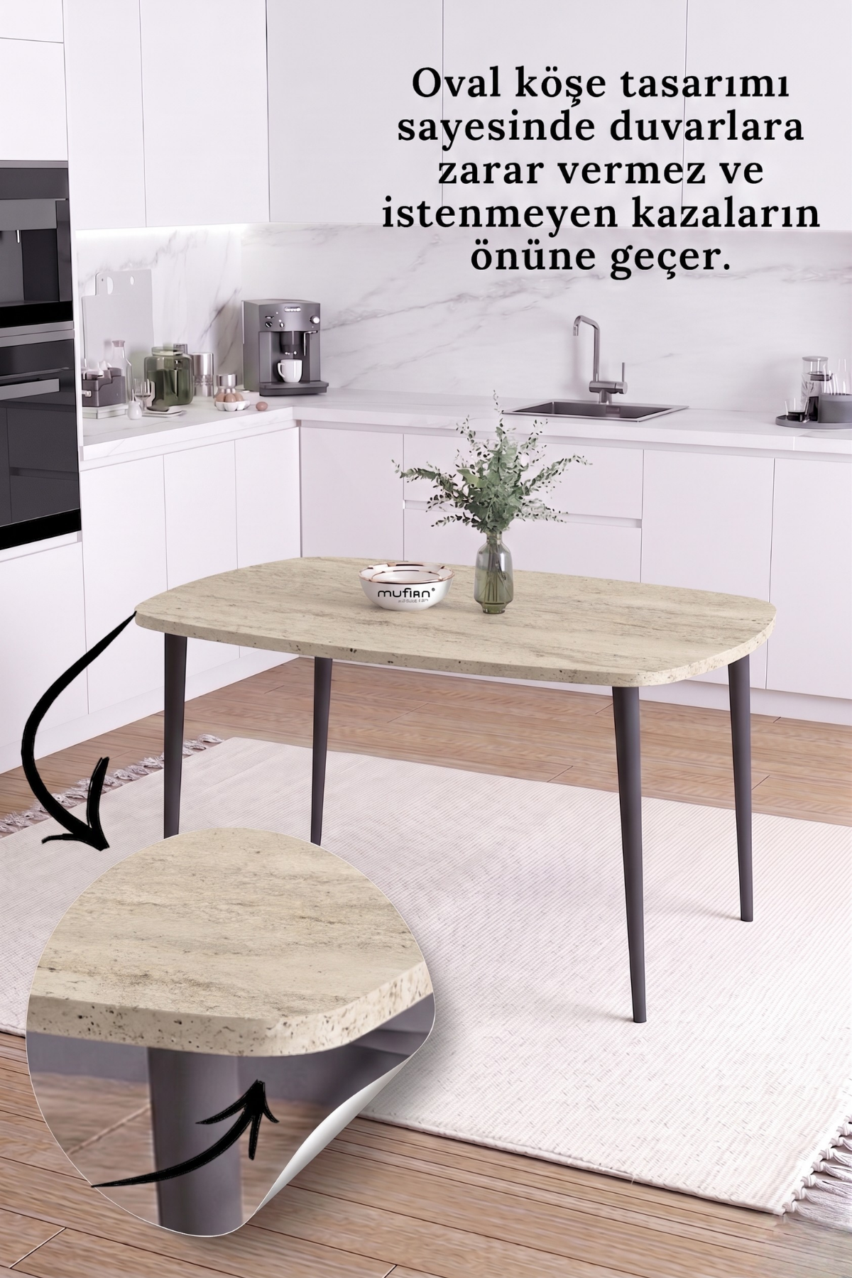 LUNA İskandinav Bohem Oval Metal Ayaklı Traverten Desen Mutfak-Yemek-Balkon-Çalışma Masası