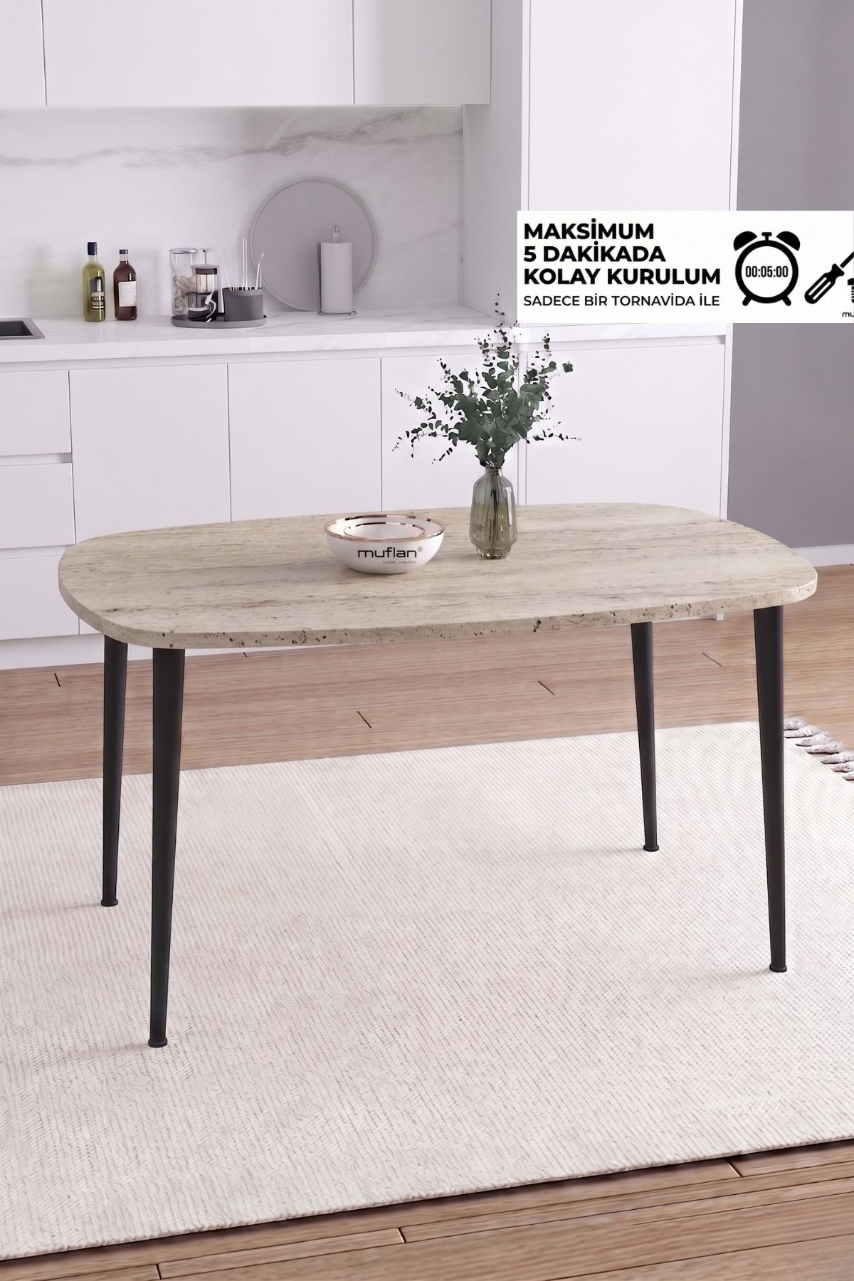 LUNA İskandinav Bohem Oval Metal Ayaklı Traverten Desen Mutfak-Yemek-Balkon-Çalışma Masası