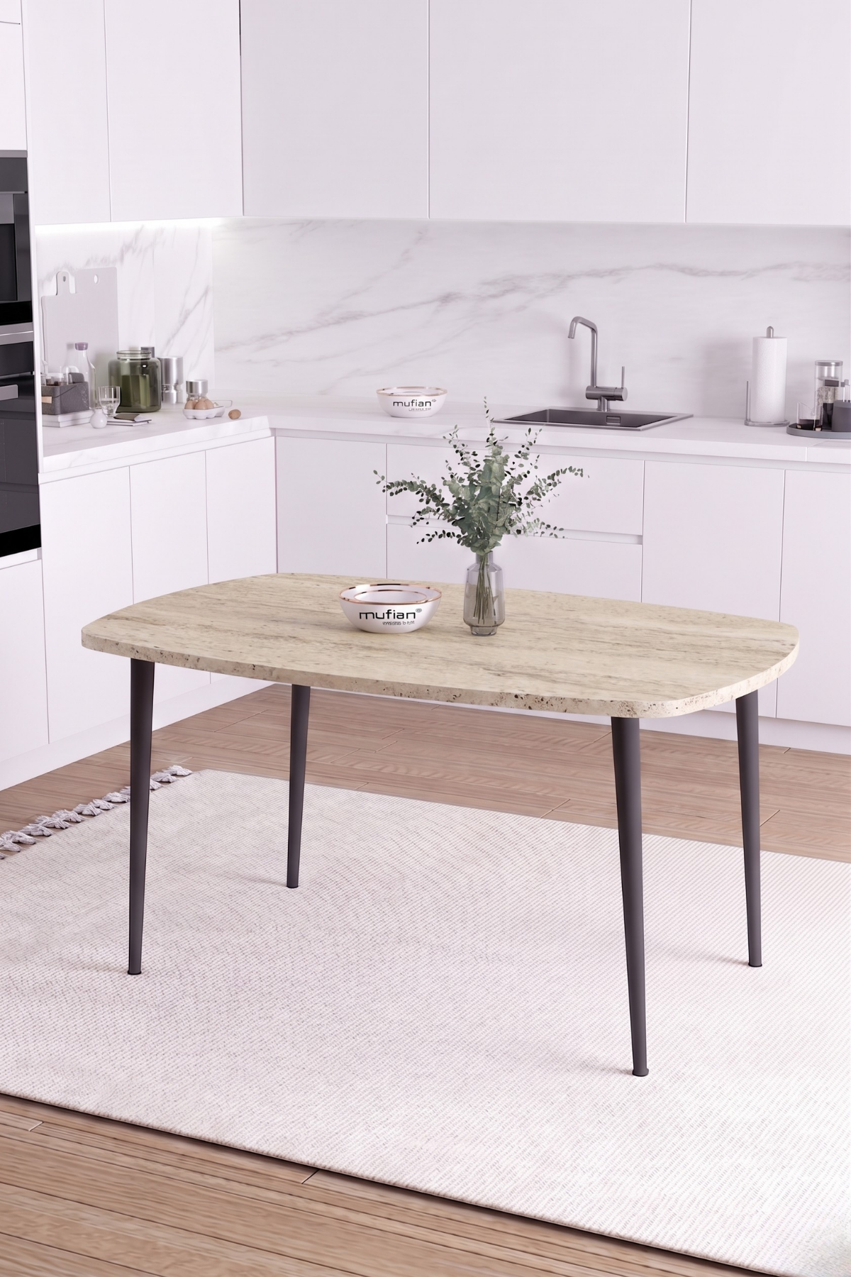 LUNA İskandinav Bohem Oval Metal Ayaklı Traverten Desen Mutfak-Yemek-Balkon-Çalışma Masası