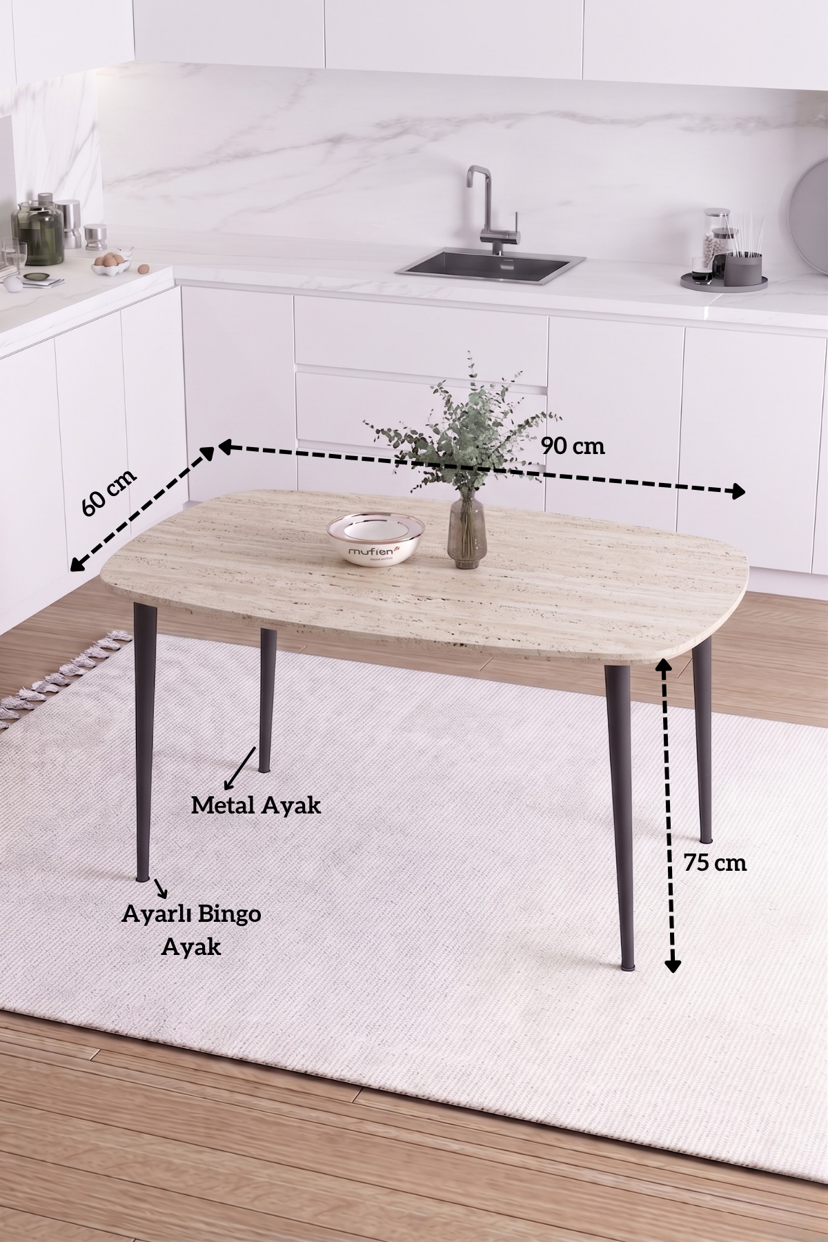 LUNA İskandinav Bohem Oval Metal Ayaklı Traverten Desen Mutfak-Yemek-Balkon-Çalışma Masası