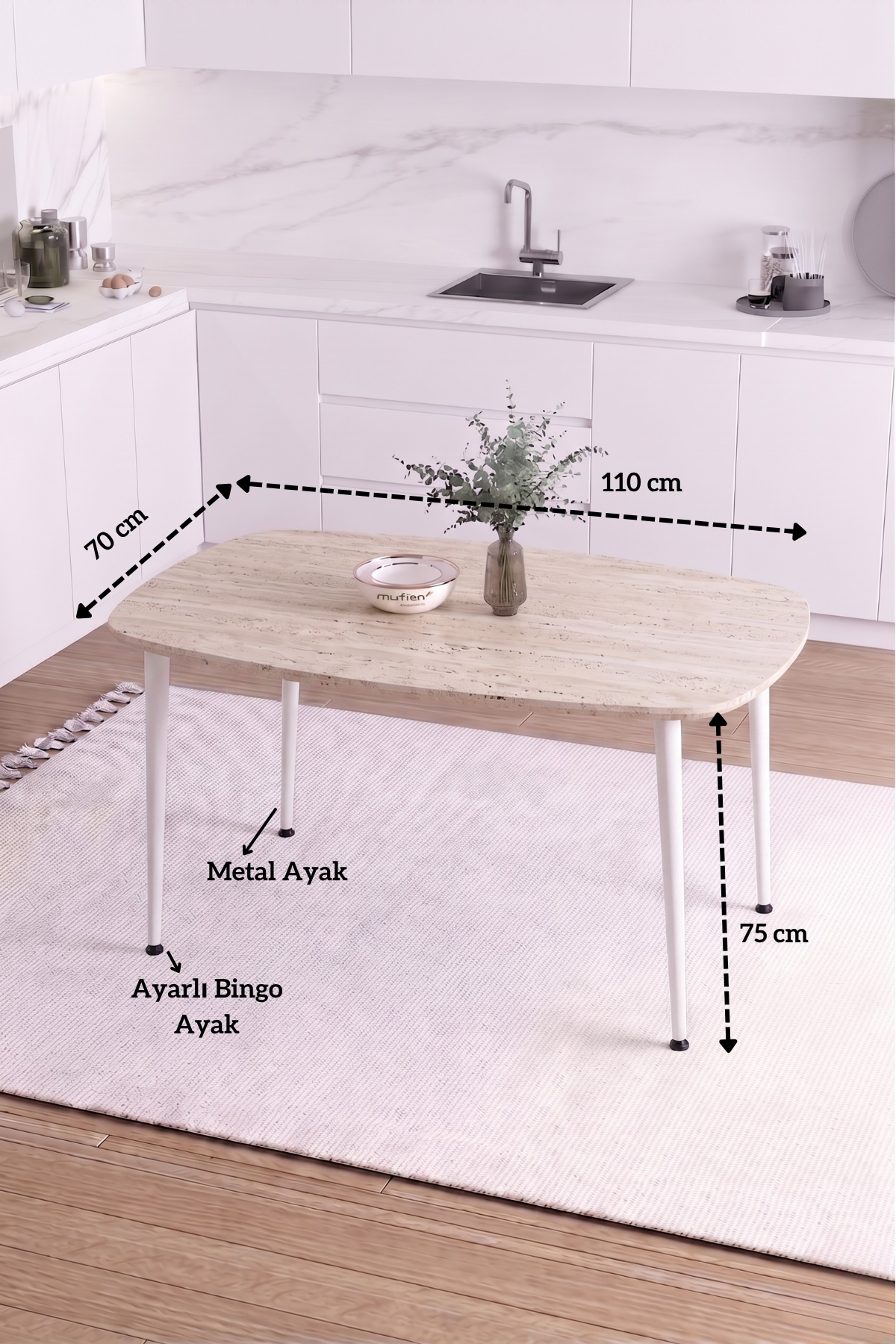 LUNA İskandinav Bohem Oval Beyaz Metal Ayaklı Traverten Desen Mutfak-Yemek-Balkon-Çalışma Masası