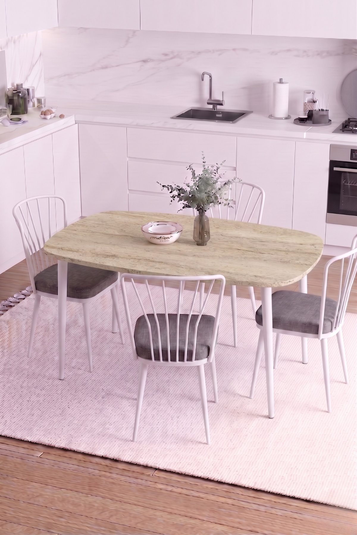 LUNA İskandinav Bohem Oval Beyaz Metal Ayaklı Traverten Desen Mutfak-Yemek-Balkon-Çalışma Masası