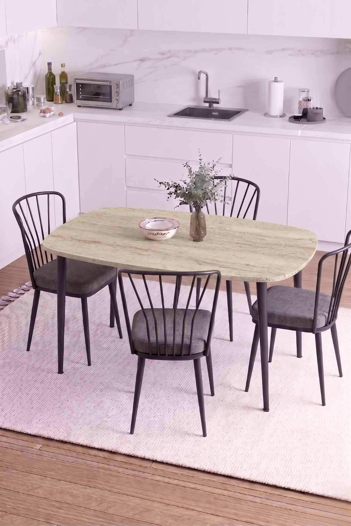 LUNA İskandinav Bohem Oval Metal Ayaklı Traverten Desen Mutfak-Yemek-Balkon-Çalışma Masası