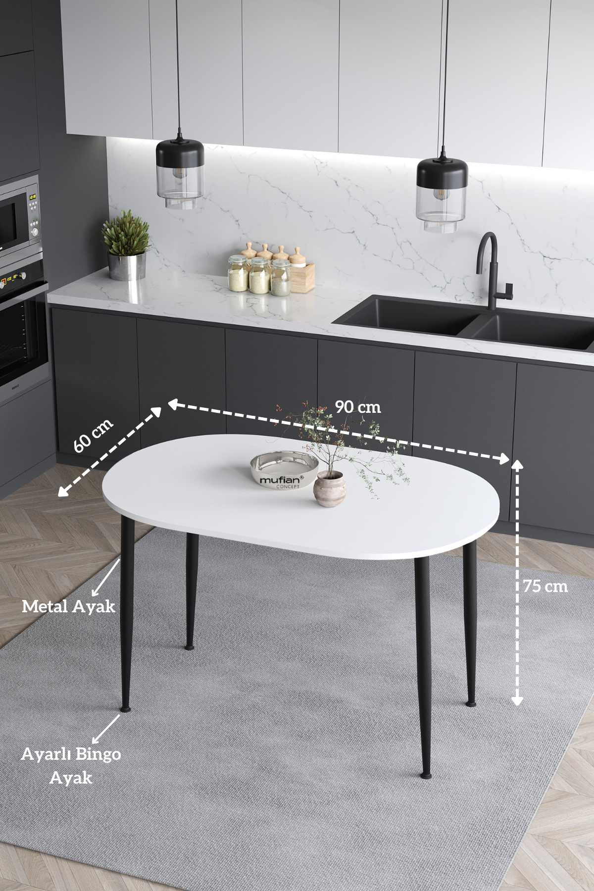 Melinda İskandinav Bohen Modern Oval Beyaz Mutfak - Yemek - Balkon - Çalışma Masası