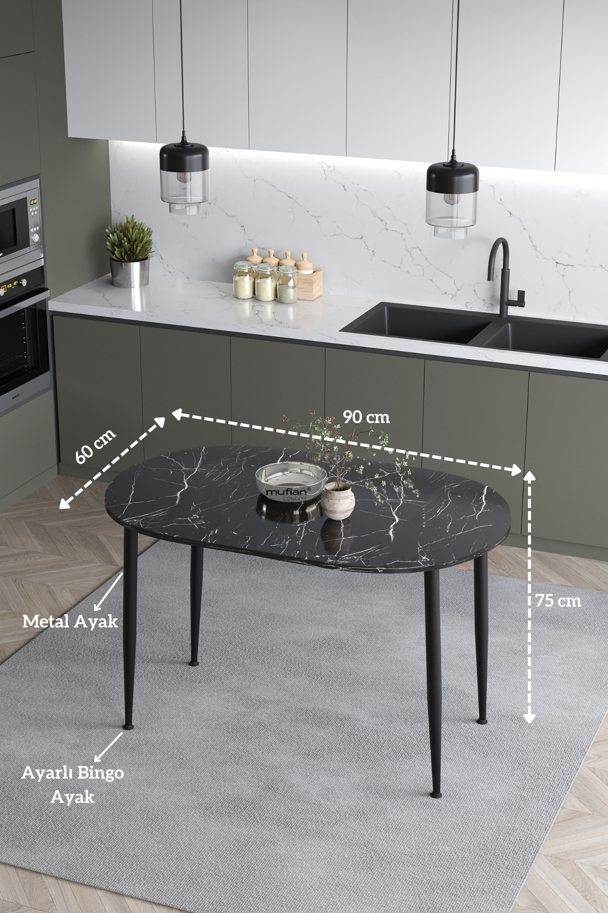 Melinda Iskandinav Bohem Modern Oval Siyah Mermer Desenli Mutfak - Yemek - Balkon - Çalışma Masası