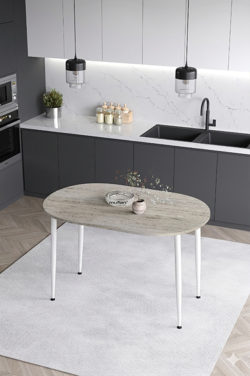 Melinda İskandinav - Bohem Modern Oval Beyaz Ayak Traverten Desen Mutfak - Yemek - Balkon - Çalışma Masası