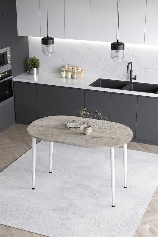 Melinda İskandinav - Bohem Modern Oval Beyaz Ayak Traverten Desen Mutfak - Yemek - Balkon - Çalışma Masası