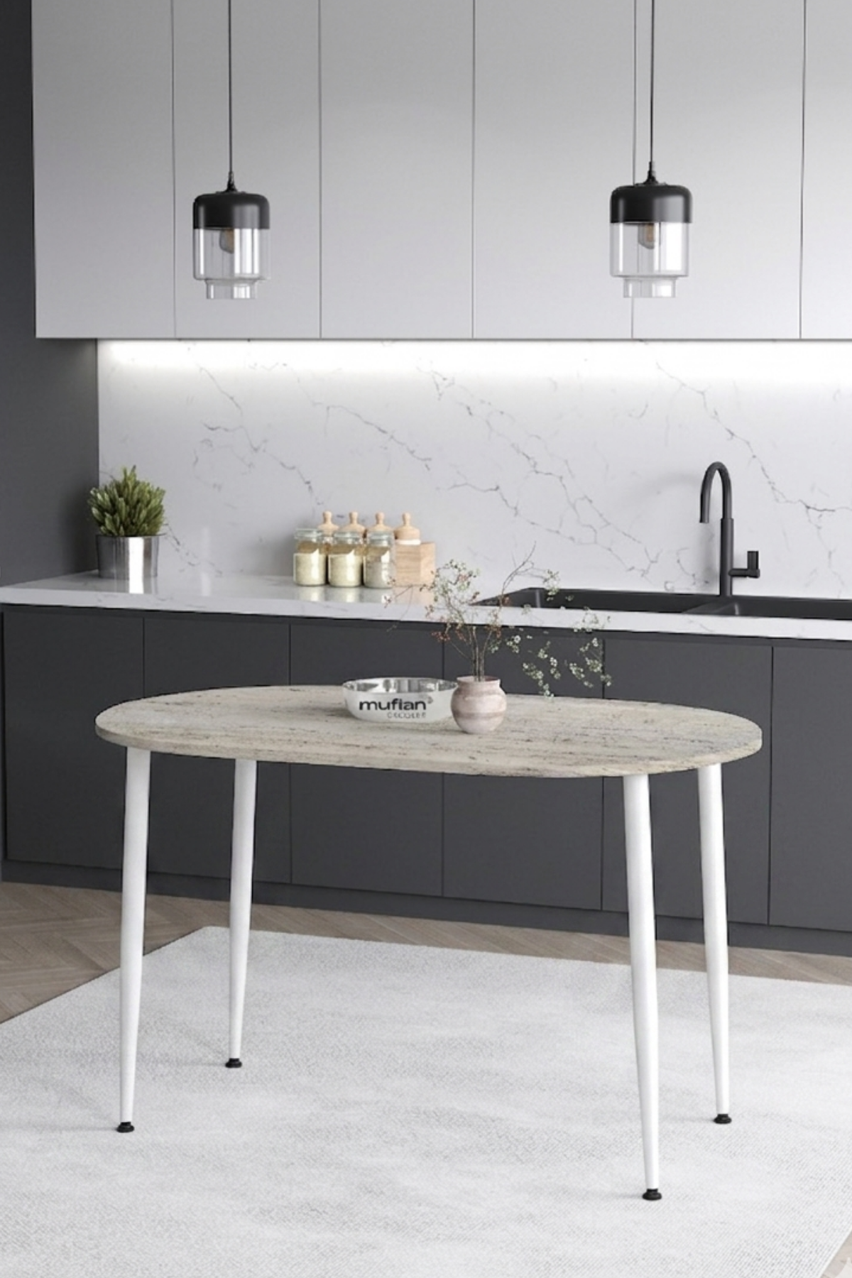 Melinda İskandinav - Bohem Modern Oval Beyaz Ayak Traverten Desen Mutfak - Yemek - Balkon - Çalışma Masası