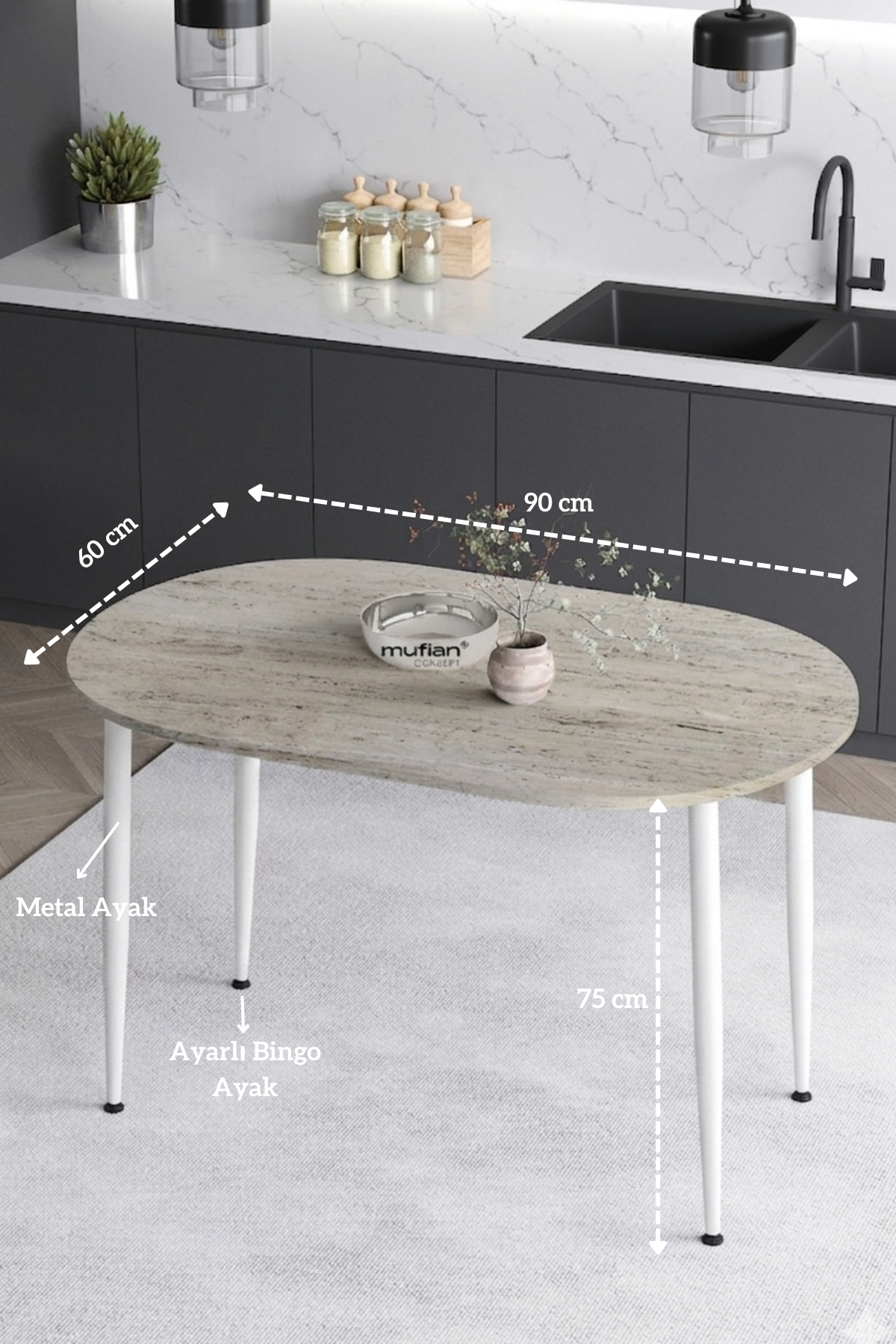 Melinda İskandinav - Bohem Modern Oval Beyaz Ayak Traverten Desen Mutfak - Yemek - Balkon - Çalışma Masası